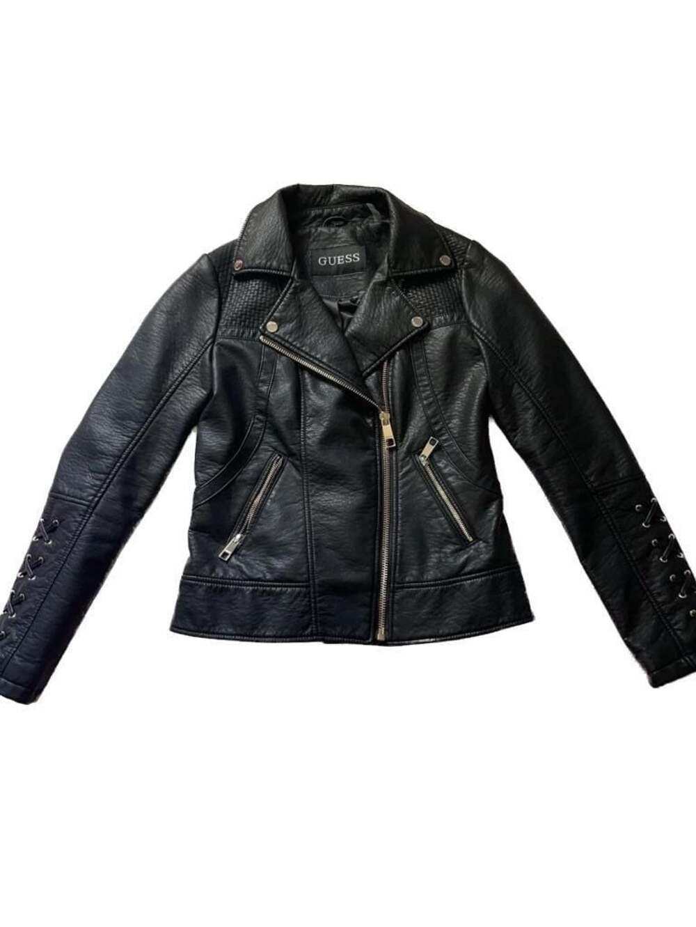 GUESS Women's Black Faux Leather Moto Jacket with Lace-Up Sleeves Size S